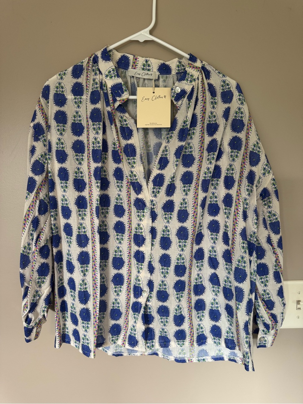Easy Clothes Blue & White Printed Casual Button-Down Shirt NWT
